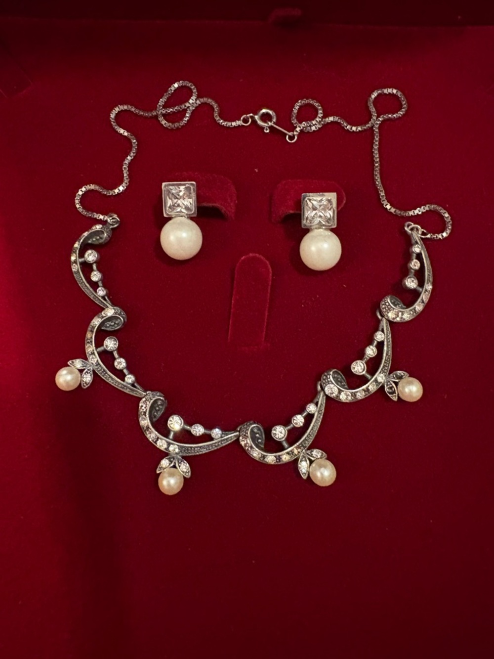 Vintage Sterling Pearl and Crystal Drop Necklace With Earrings Set